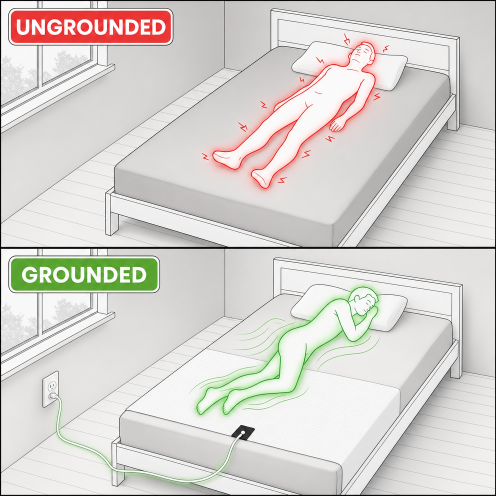 Ungrounded vs grounded body diagram for Day Sleeper Grounding Bedsheet