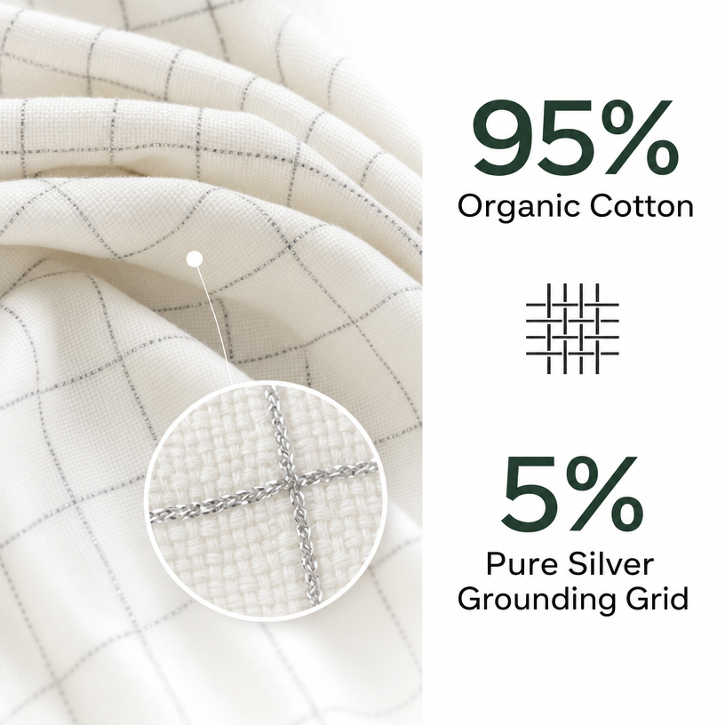 Day Sleeper Grounding Bedsheet material with organic cotton and silver grounding grid