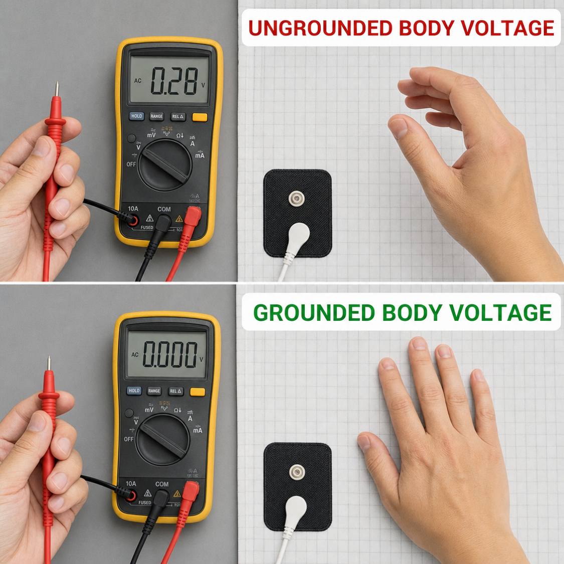 Ungrounded vs grounded body voltage meter comparison built for nights